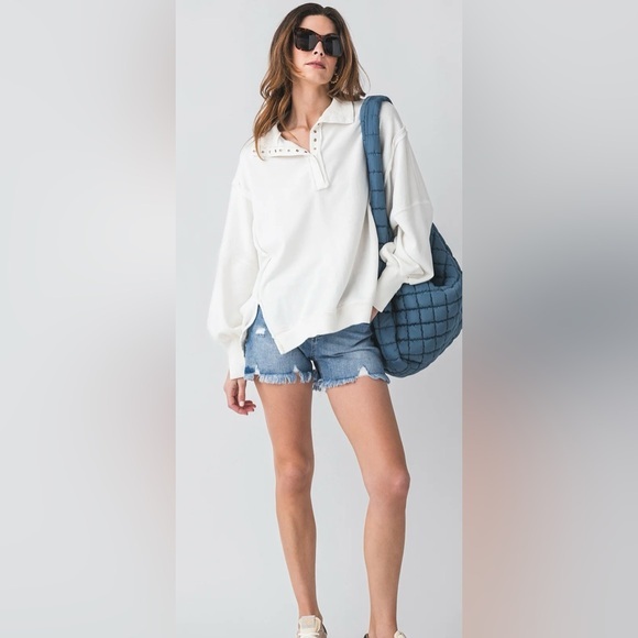 NWT Free People S We the Free Camden Henley Sweatshirt in Optic White New $98 - Picture 1 of 12